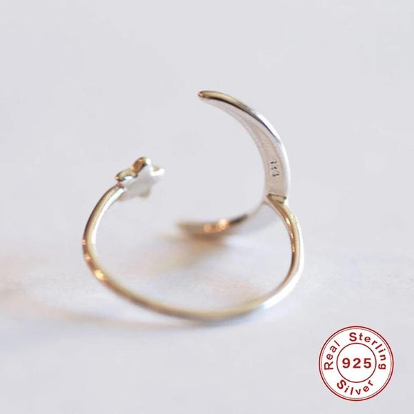 Half moon and star sterling silver ring